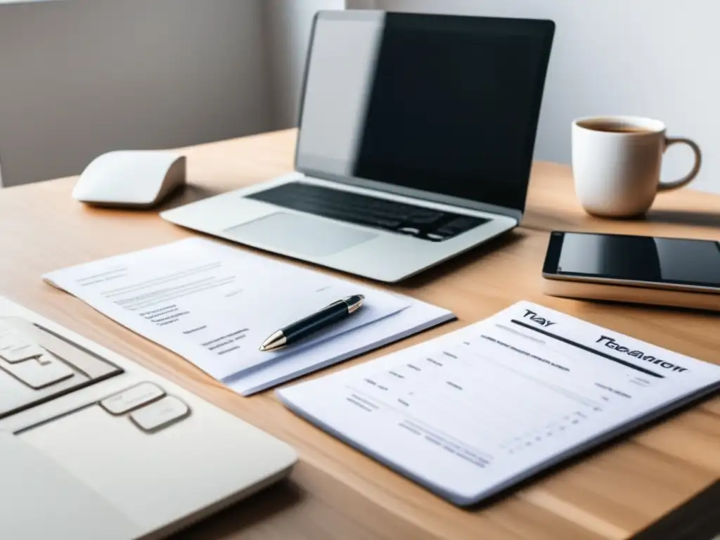 Escritorio organizado para freelancer con documentos de impuestos Escritorio organizado para declaración de impuestos de freelancers