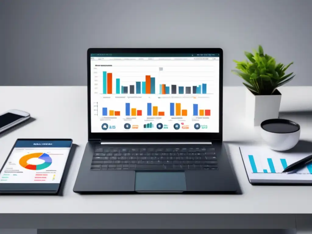 Escritorio financiero minimalista Escritorio minimalista con software de gestión financiera y herramientas clave para la gestión financiera de freelancers