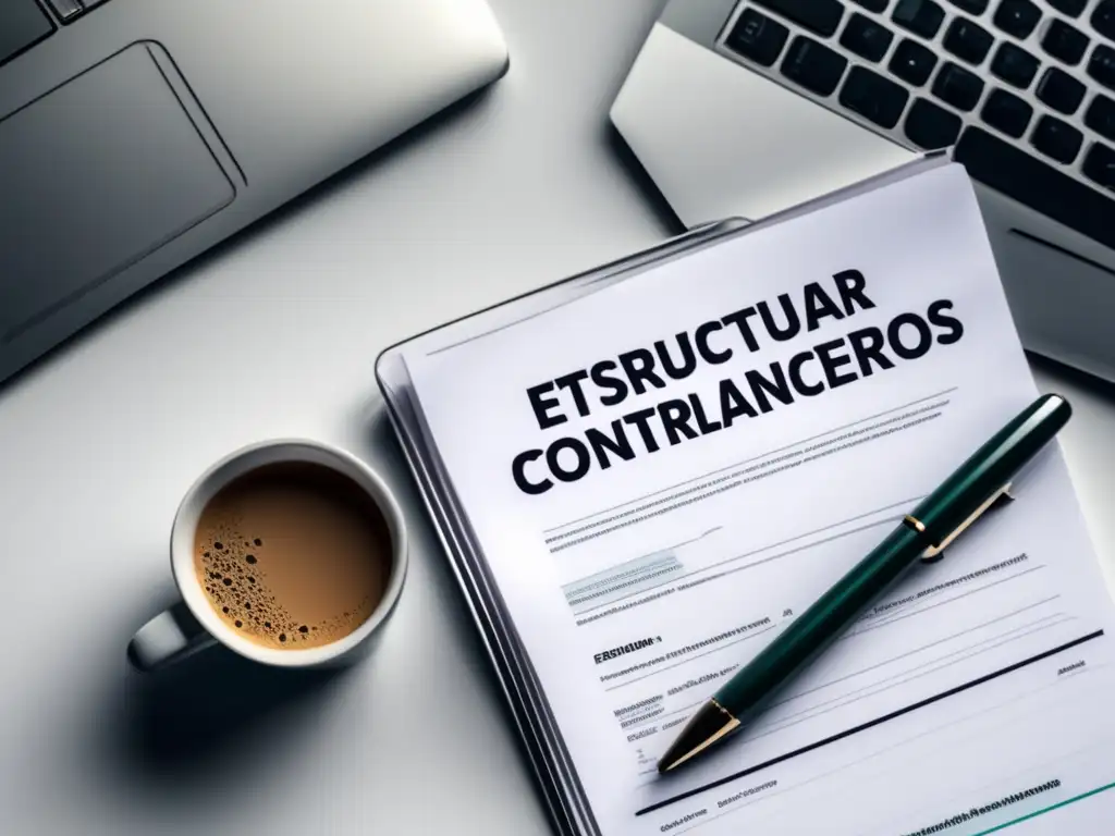 Escritorio profesional con contrato financiero Escritorio moderno con laptop y contrato financiero para freelancers