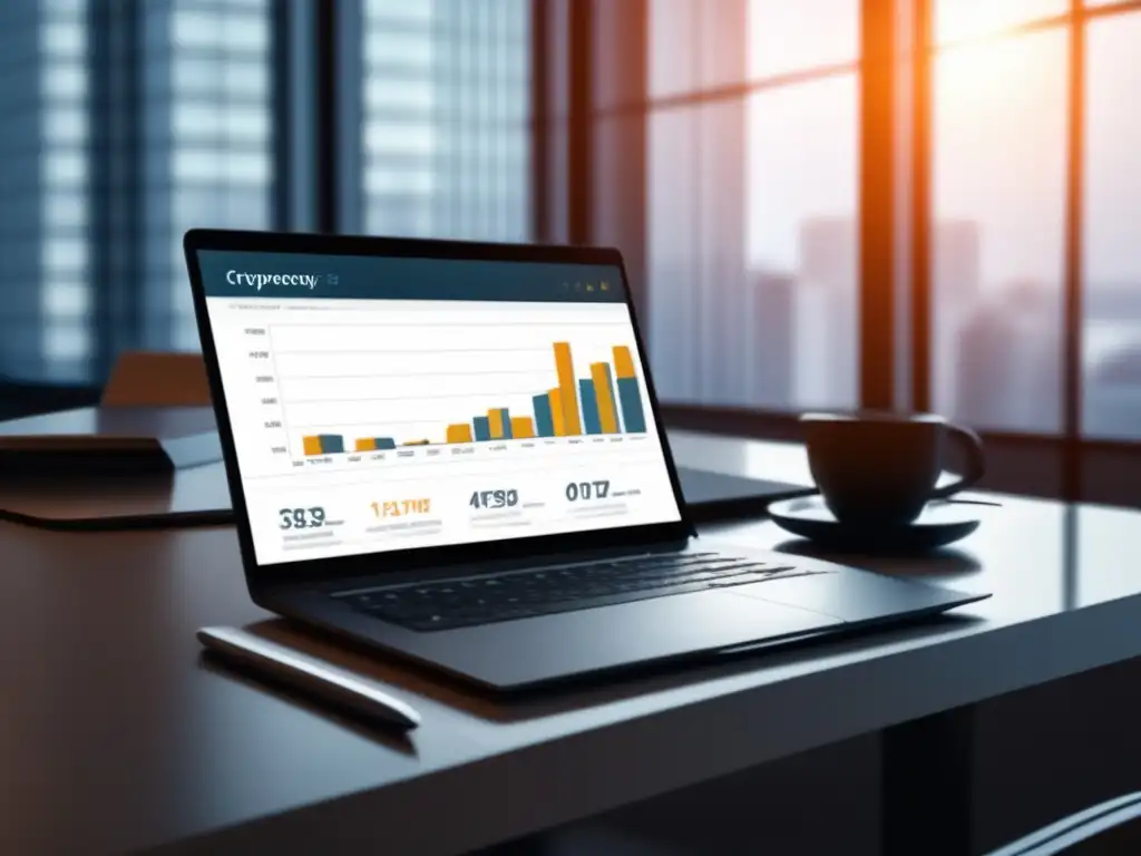 Escritorio moderno con laptop y gráfica de criptomonedas Estrategia financiera para freelancers: incorporando criptomonedas