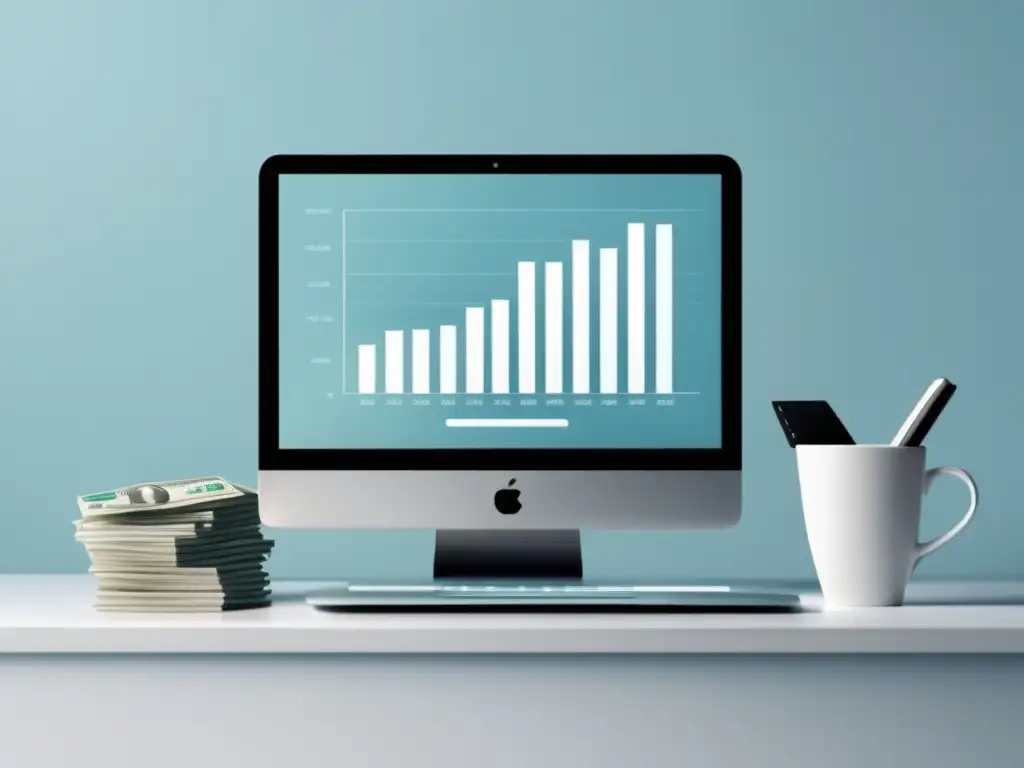 Escritorio minimalista con laptop, calculadora y dinero organizado Escritorio minimalista con laptop, calculadora y dinero organizado, mostrando gráfico de crecimiento de ingresos