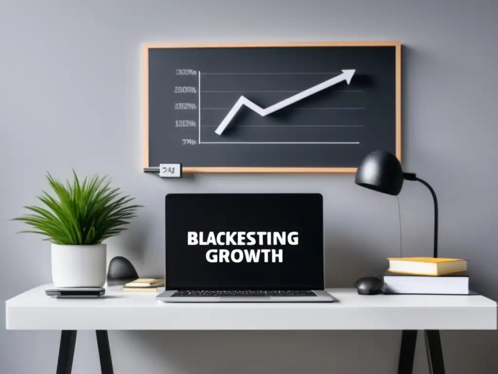 Espacio de trabajo minimalista con escritorio blanco y gráfico de ingresos pasivos Espacio de trabajo minimalista con escritorio blanco, laptop, micrófono, y cuaderno, generando ingresos pasivos para freelancers