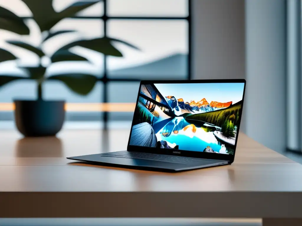 Laptop minimalista en escritorio moderno Laptop minimalista en un escritorio de madera clara, con luz natural y cursos online de gestión financiera