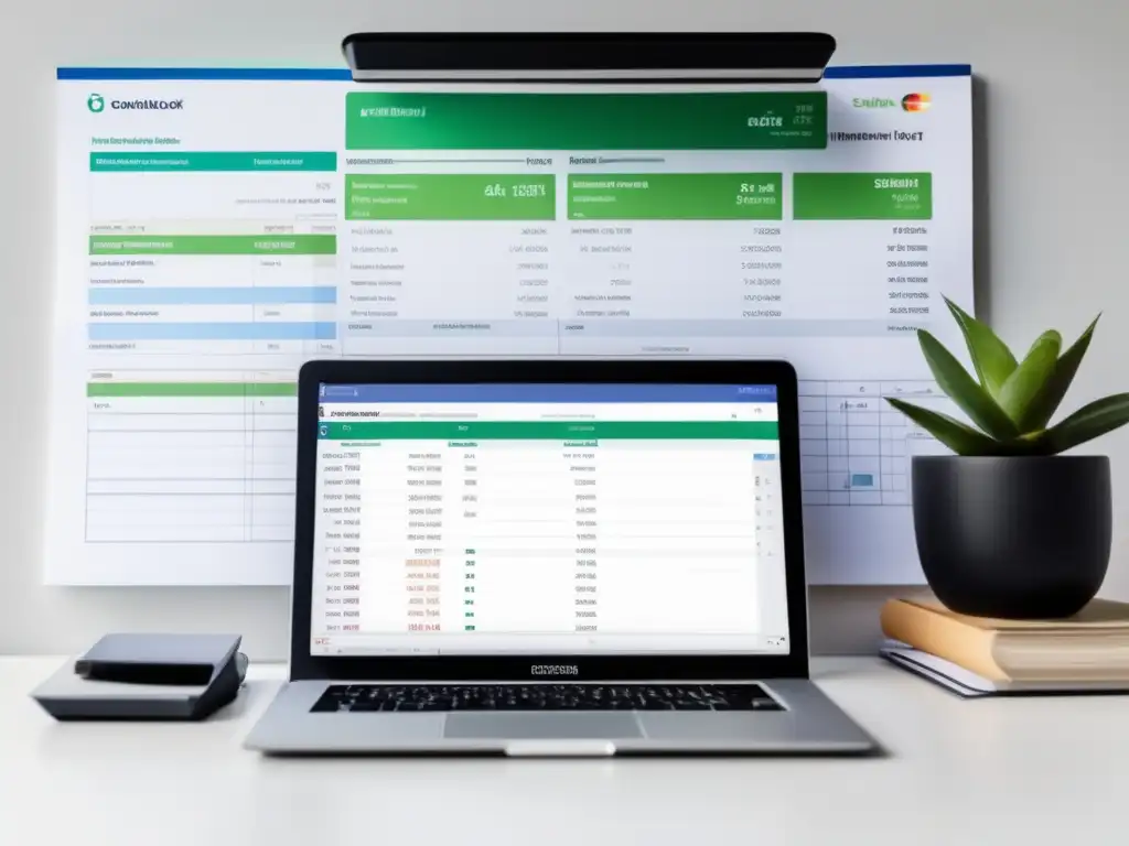 Espacio de trabajo minimalista con laptop, notas y calculadora Espacio de trabajo minimalista con laptop, cuaderno y calculadora en un escritorio blanco
