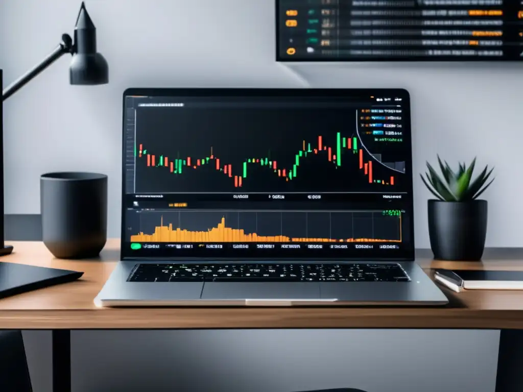 Espacio de trabajo minimalista con criptomonedas Espacio de trabajo minimalista con escritorio blanco, laptop y criptomonedas en planificación financiera para freelancers