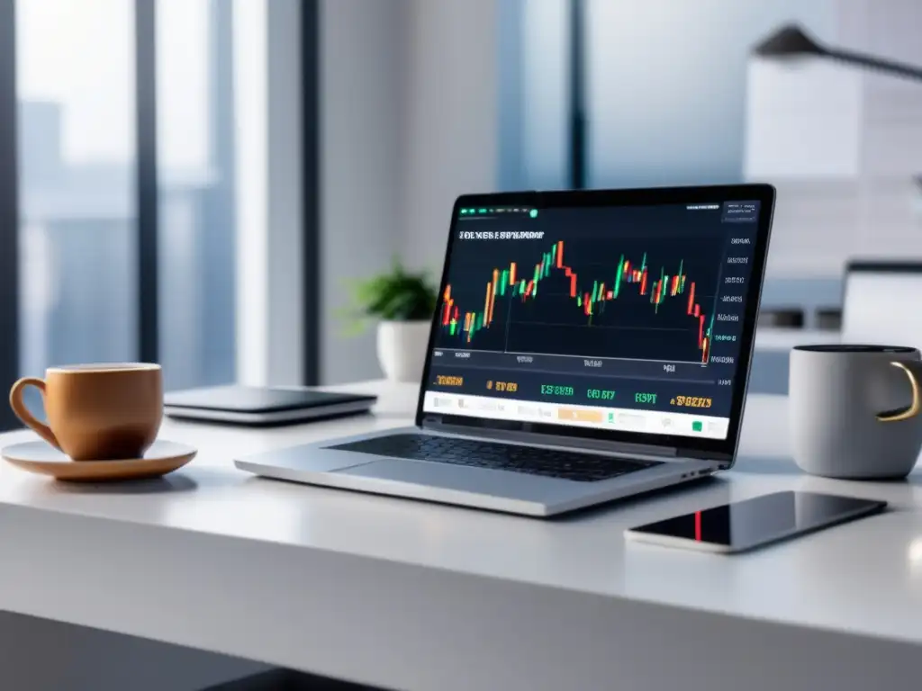 Configuración minimalista de laptop para trading de criptomonedas Laptop minimalista en escritorio blanco, convertir ingresos de freelancer en criptomonedas