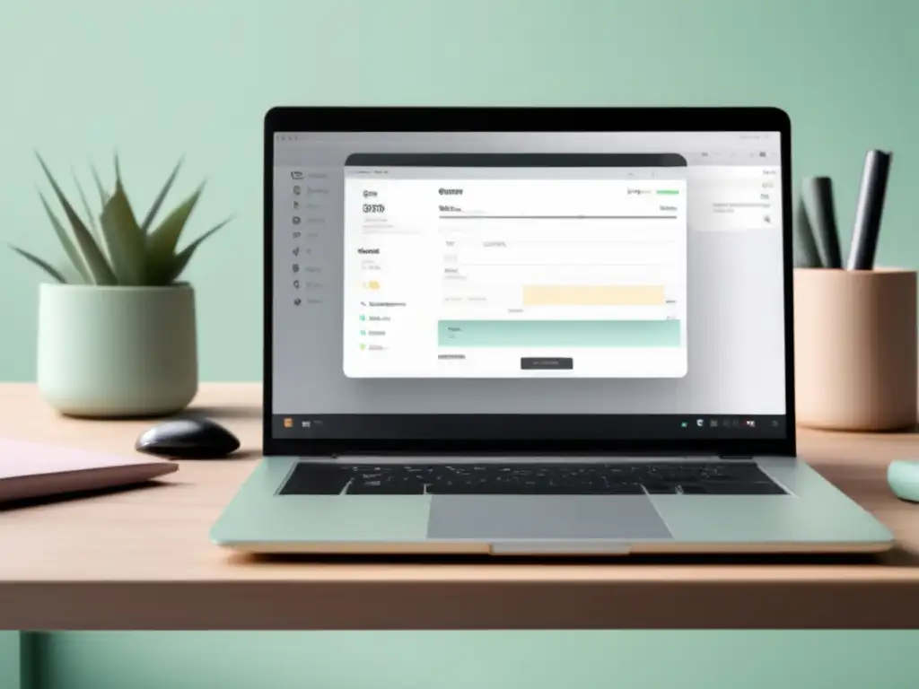 Espacio de trabajo organizado con laptop y Toggl Espacio de trabajo minimalista con laptop, Toggl y suministros de oficina