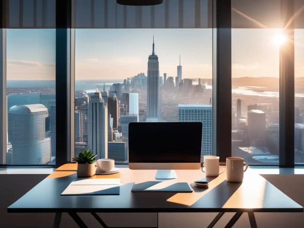 Espacio de trabajo minimalista con vista a la ciudad Escritorio minimalista con vista a ciudad: estrategias para proteger finanzas de freelancers en entorno global