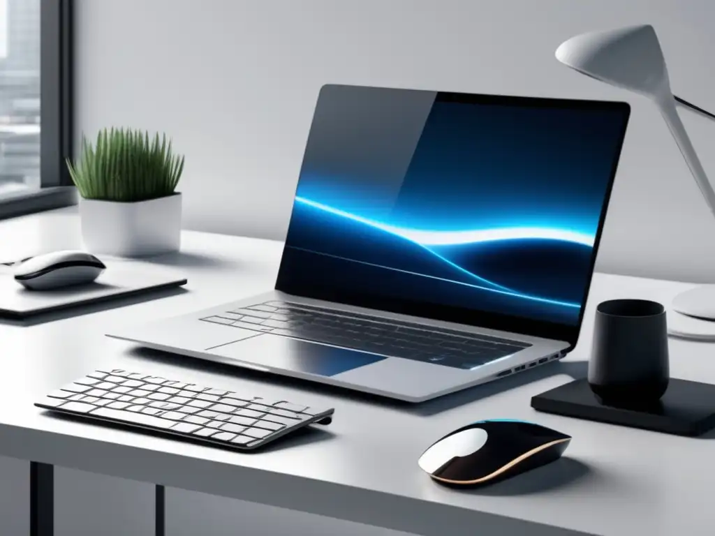 Espacio de trabajo minimalista y elegante Espacio de trabajo minimalista con laptop, teclado inalámbrico, vista de ciudad al atardecer: estrategias de monetización para freelancers