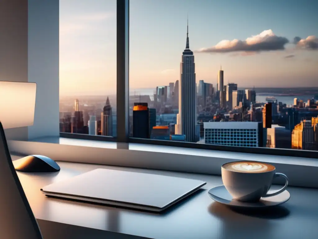 Espacio de trabajo minimalista con vista a la ciudad Espacio de trabajo minimalista con escritorio blanco frente a ventana con vista a la ciudad