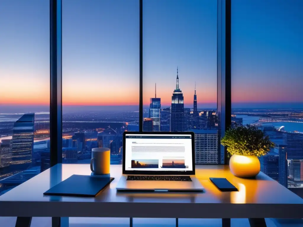 Escritorio de oficina moderno con vista panorámica a la ciudad al atardecer Escritorio moderno con panorama de ciudad al atardecer