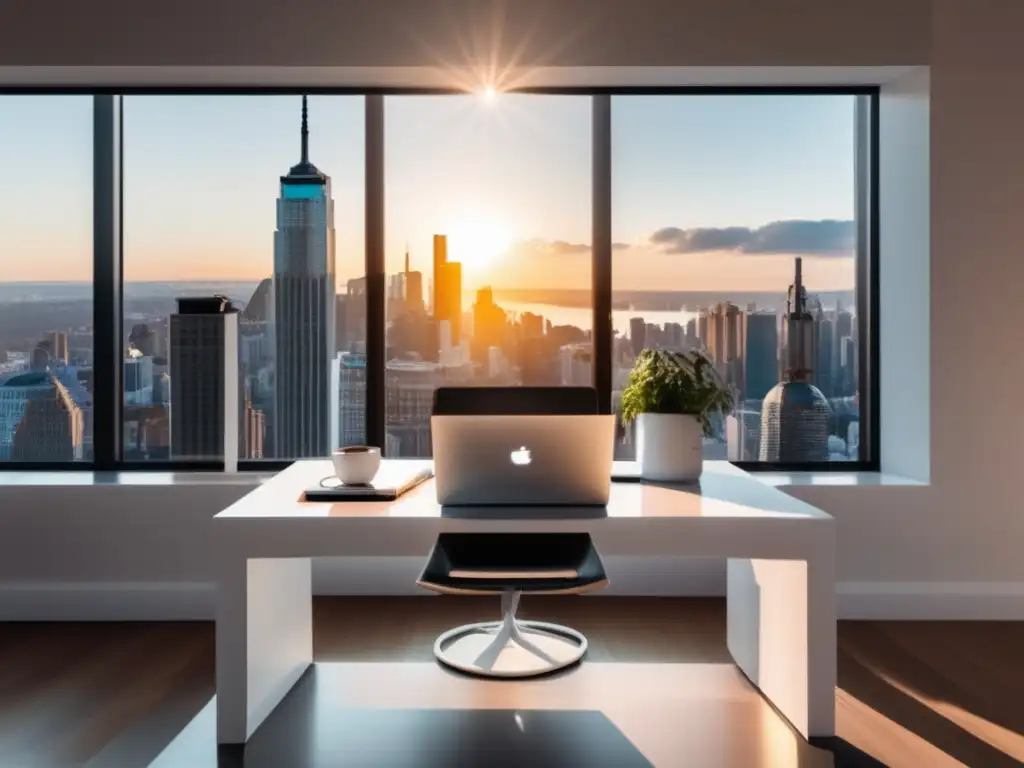 Espacio de trabajo minimalista con vista a la ciudad Escritorio minimalista frente a ventana con vista a la ciudad - Estrategias financieras para freelancers