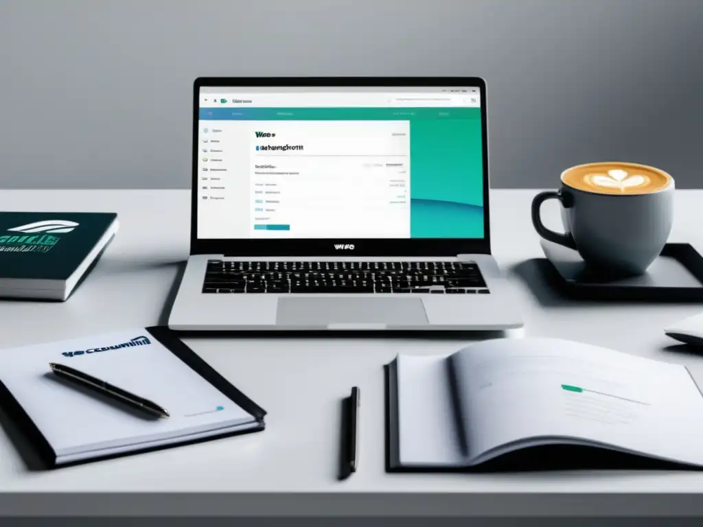 Escritorio minimalista con laptop y Wave software contable Escritorio blanco con laptop abierta mostrando Wave, herramienta contable gratuita para freelancers