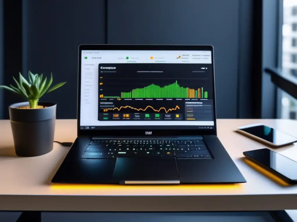 Espacio de trabajo minimalista con criptomonedas Escritorio minimalista con laptop mostrando plataforma de criptomonedas para rentabilidad freelance