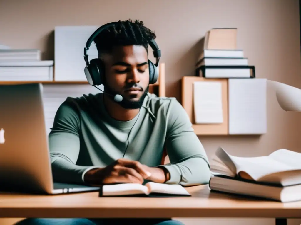 Persona trabajando en escritorio con libros y papeles Persona en escritorio creando y vendiendo cursos en línea