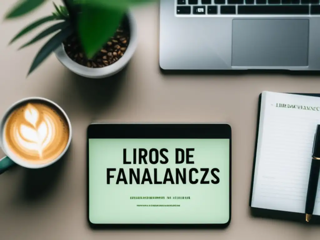 Escritorio minimalista con libros de finanzas Escritorio minimalista con laptop elegante, libros de finanzas y