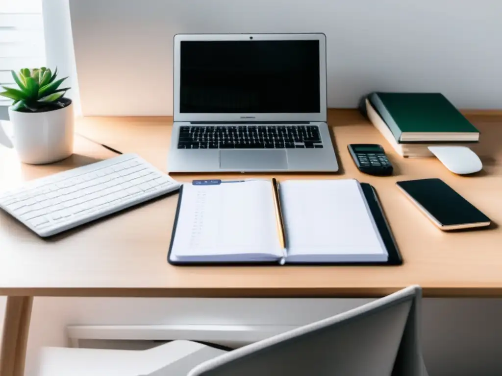 Escritorio organizado y minimalista Escritorio organizado con laptop y calculadora, simbolizando finanzas personales para freelancers