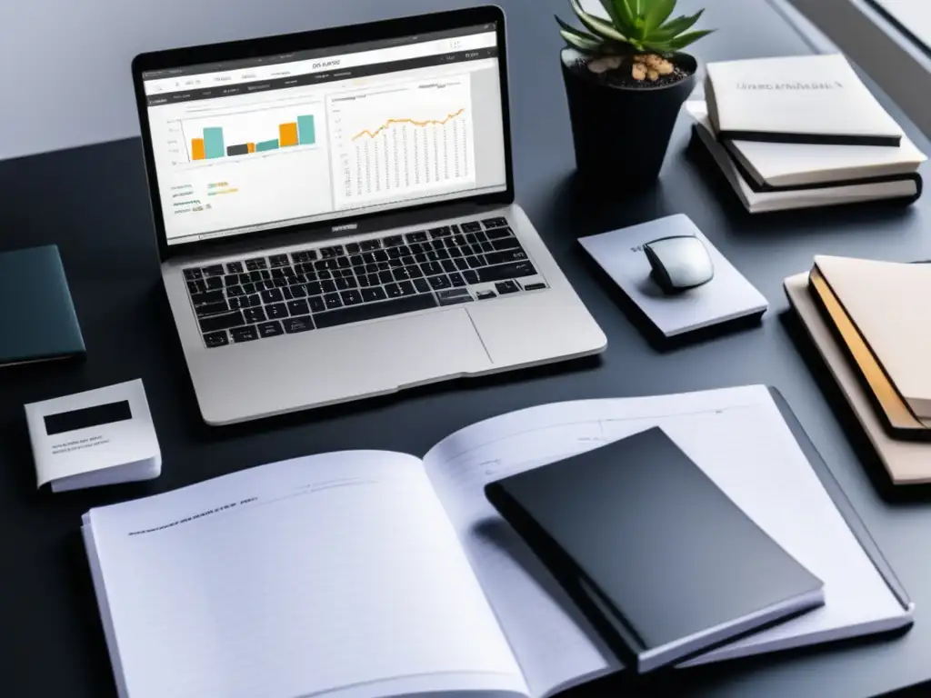 Escritorio minimalista con libros de finanzas Escritorio minimalista con laptop, libros de finanzas recomendados para freelancers y notas sobre finanzas personales