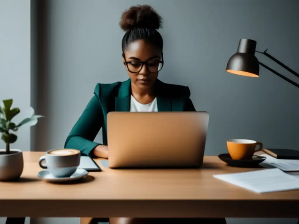 Productividad y estabilidad financiera Freelancer en escritorio ordenado, trabajando con determinación