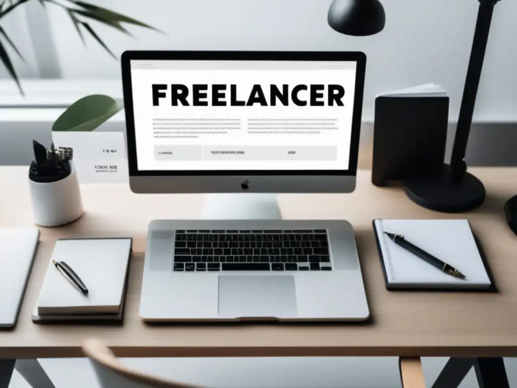 Escritorio minimalista de freelancer Imagen de un freelancer en un escritorio limpio y organizado, rodeado de herramientas y recursos que representan su experiencia