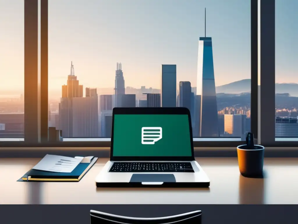 Espacio de trabajo minimalista del freelancer Espacio de trabajo minimalista de un freelancer con vista a la ciudad