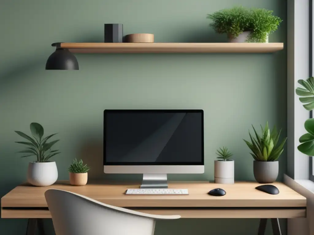 Espacio de trabajo minimalista Escritorio minimalista de freelancer con laptop en blanco, teclado inalámbrico y planta potted