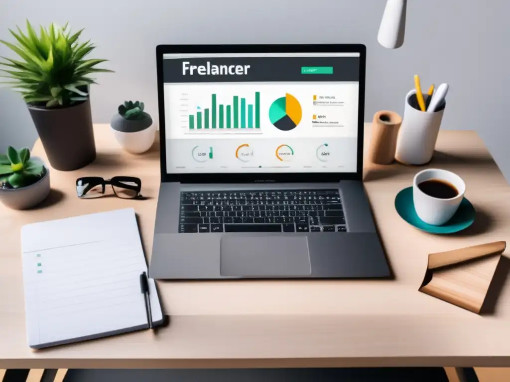 Espacio de trabajo minimalista de freelancer Espacio de trabajo minimalista de freelancer con escritorio moderno de madera clara
