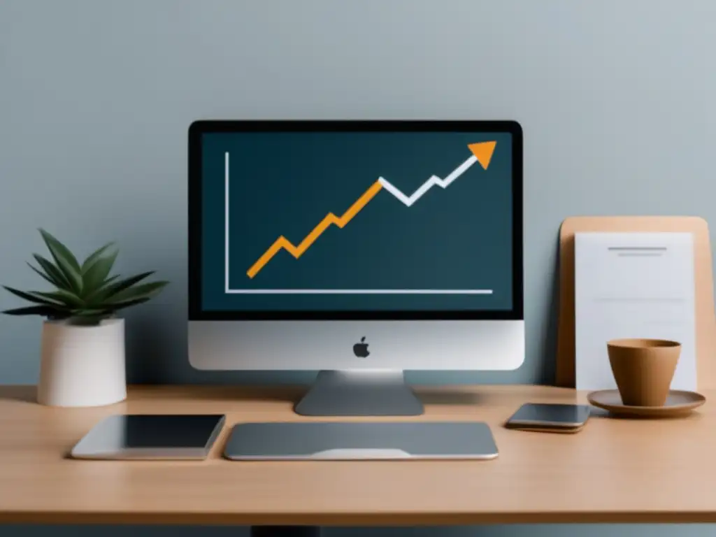 Freelancer en escritorio minimalista Freelancer en un escritorio minimalista con laptop, gráfico de crecimiento, lupa en el mercado y balanza para tarifas y gestión financiera