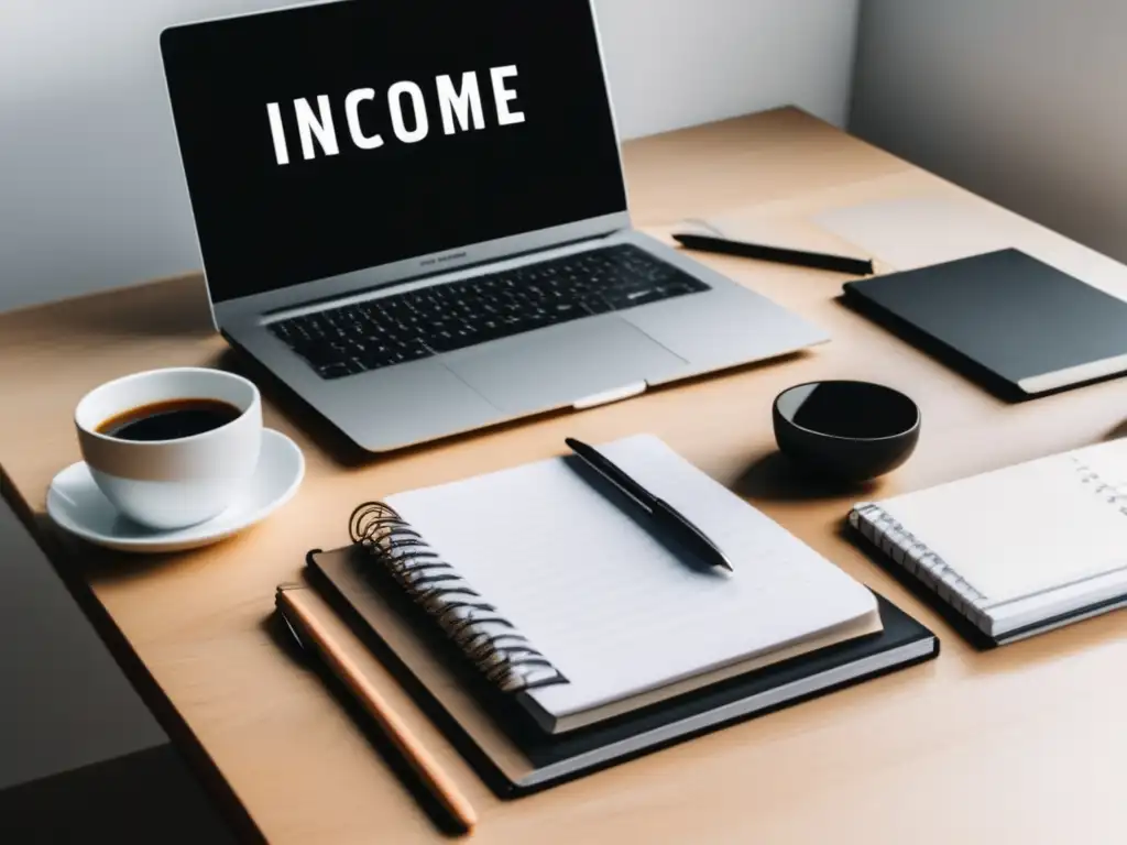 Espacio de trabajo minimalista y ordenado Freelancer trabajando en escritorio minimalista con planificación financiera para freelancers sin familia