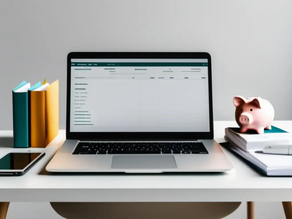 Escritorio minimalista de freelancer con herramientas financieras Escritorio minimalista de freelancer con herramientas financieras organizadas