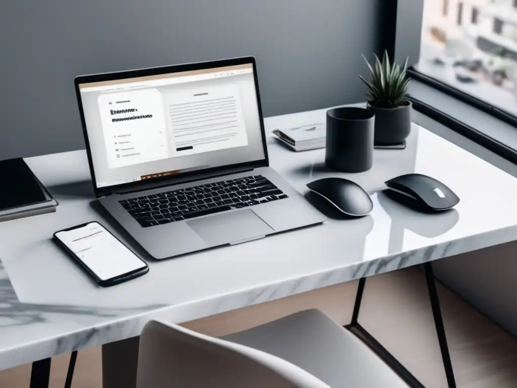 Espacio de trabajo minimalista con escritorio de mármol blanco Espacio de trabajo minimalista con escritorio de mármol blanco, laptop en blanco, teclado inalámbrico y metas para monetizar blog o podcast