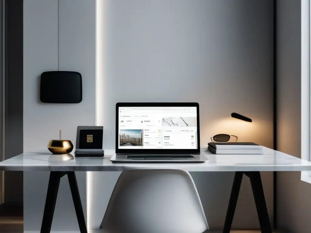 Espacio de trabajo minimalista con escritorio de mármol blanco Espacio de trabajo minimalista con escritorio de mármol blanco pulido y laptop mostrando gestión de divisas para freelancers