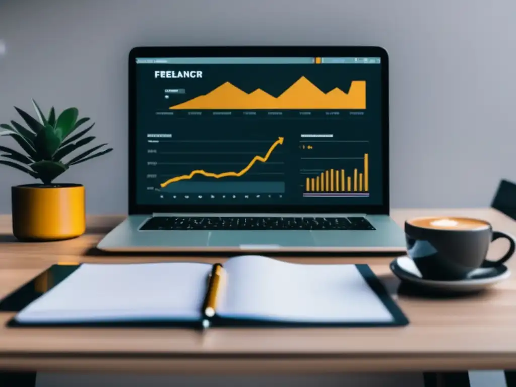 Escritorio minimalista del freelancer con laptop y gráficas de ganancias Escritorio minimalista de freelancer con laptop Skrill, ingresos y productividad