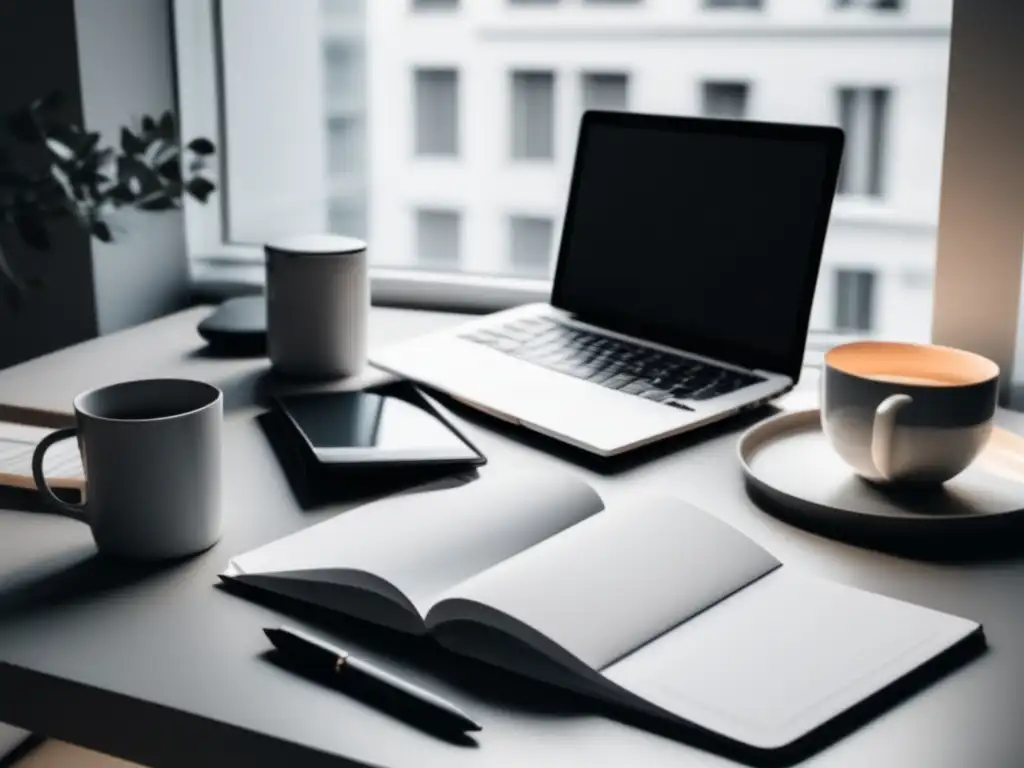 Espacio de trabajo de freelancer organizado Espacio de trabajo minimalista de un freelancer, destacando una mesa ordenada con laptop, bloc de notas y pluma