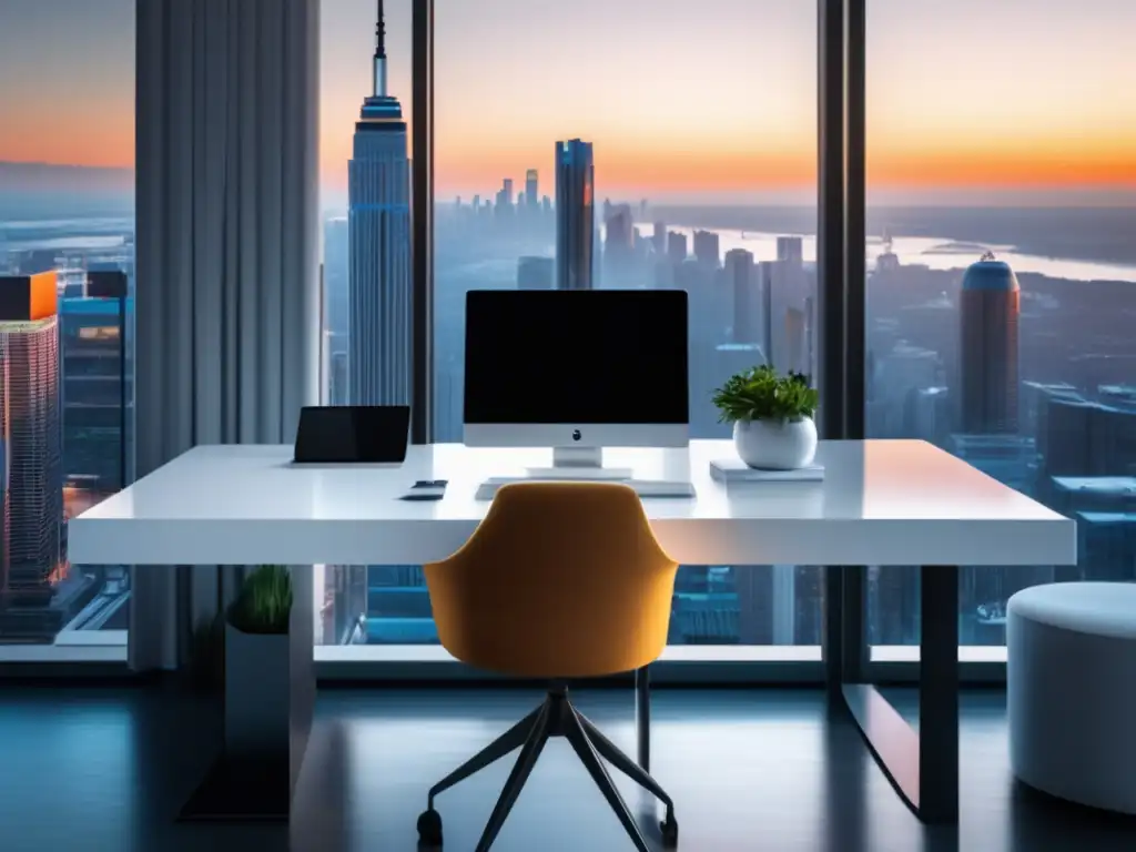 Espacio de trabajo minimalista con vista a la ciudad Espacio de trabajo minimalista con vista a la ciudad, laptop, cuaderno, calculadora y silla ergonómica