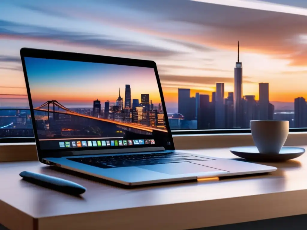 Espacio de trabajo minimalista con escritorio de madera clara Espacio de trabajo minimalista con escritorio de madera clara y laptop mostrando colchón financiero para freelancers