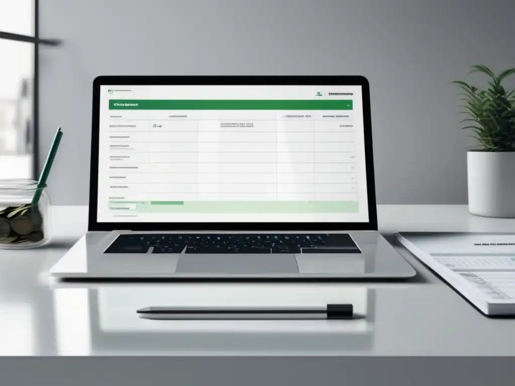 Espacio de trabajo minimalista y financiero Minimalista espacio de trabajo con escritorio de mármol blanco, laptop, jarra de dinero, libros coloridos y frase motivacional