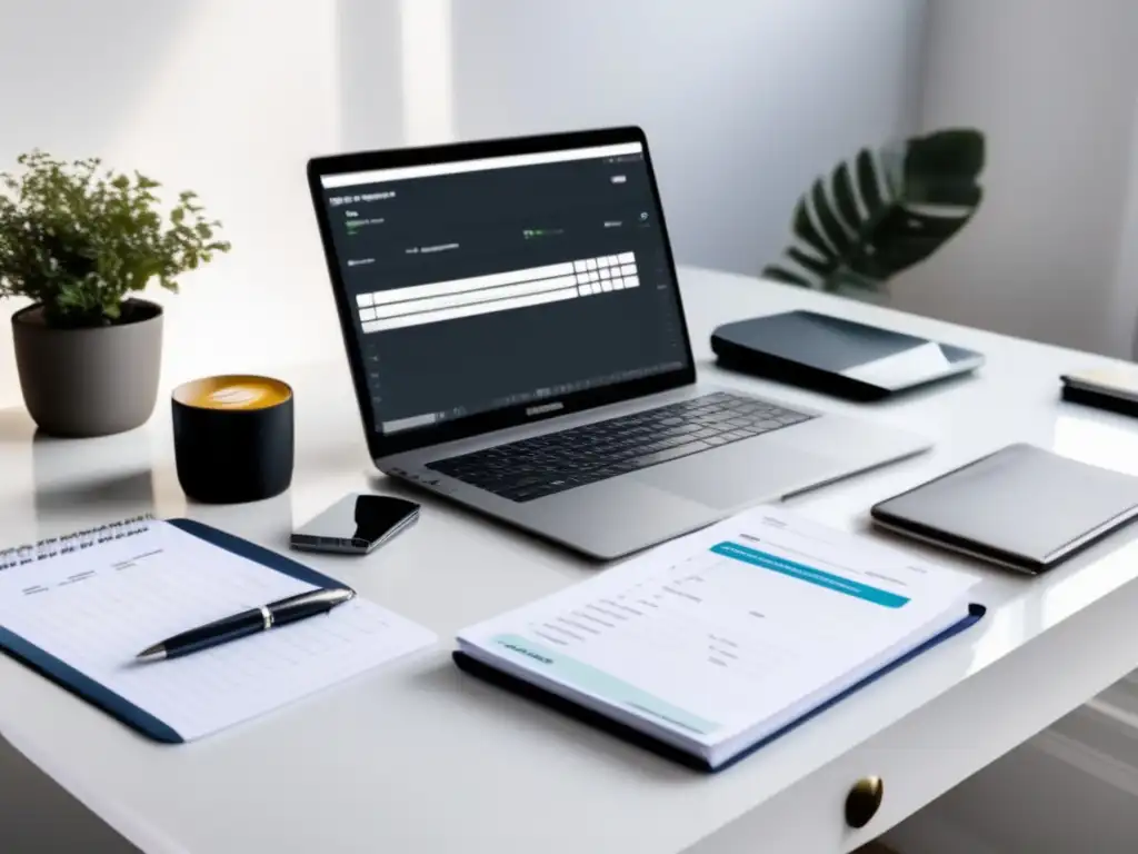 Escritorio organizado y profesional Escritorio minimalista con laptop, notas y tarjetas - Errores comunes de impuestos y deducciones para freelancers