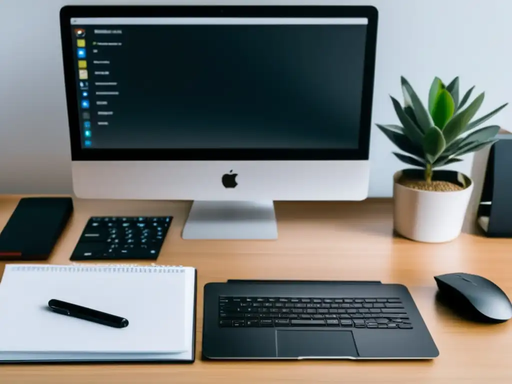 Escritorio organizado para freelancer Escritorio minimalista con laptop, documentos organizados, café y planta