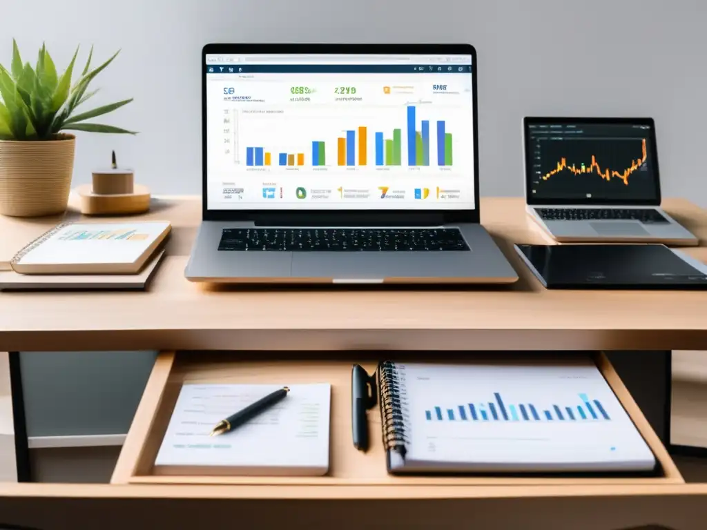 Escritorio minimalista para cursos de finanzas Escritorio minimalista con laptop, cuaderno y bolígrafo