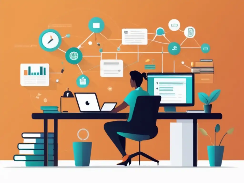 Freelancer organizado en busca de éxito Imagen: Freelancer en escritorio moderno, rodeado de recursos para mejorar habilidades y aprender