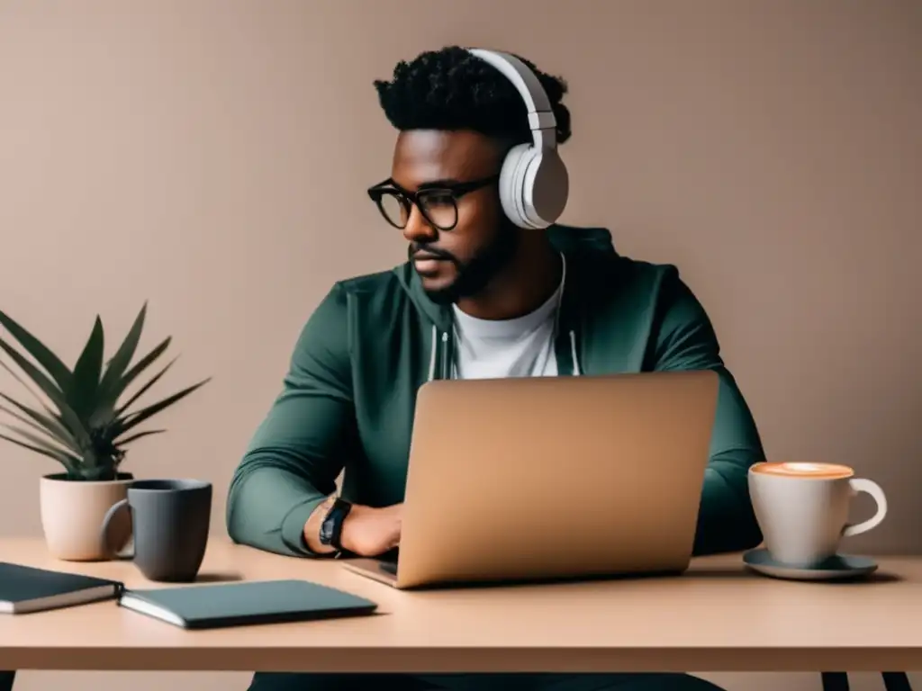 Freelancer productivo en escritorio moderno Freelancer en escritorio moderno, organizado y minimalista, enfocado en recuperarse de una crisis financiera como freelancer