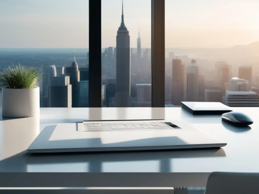 Un espacio de trabajo minimalista y sereno Escritorio blanco minimalista con laptop y documentos organizados, reflejando gestión financiera para asegurar una jubilación segura como freelancer