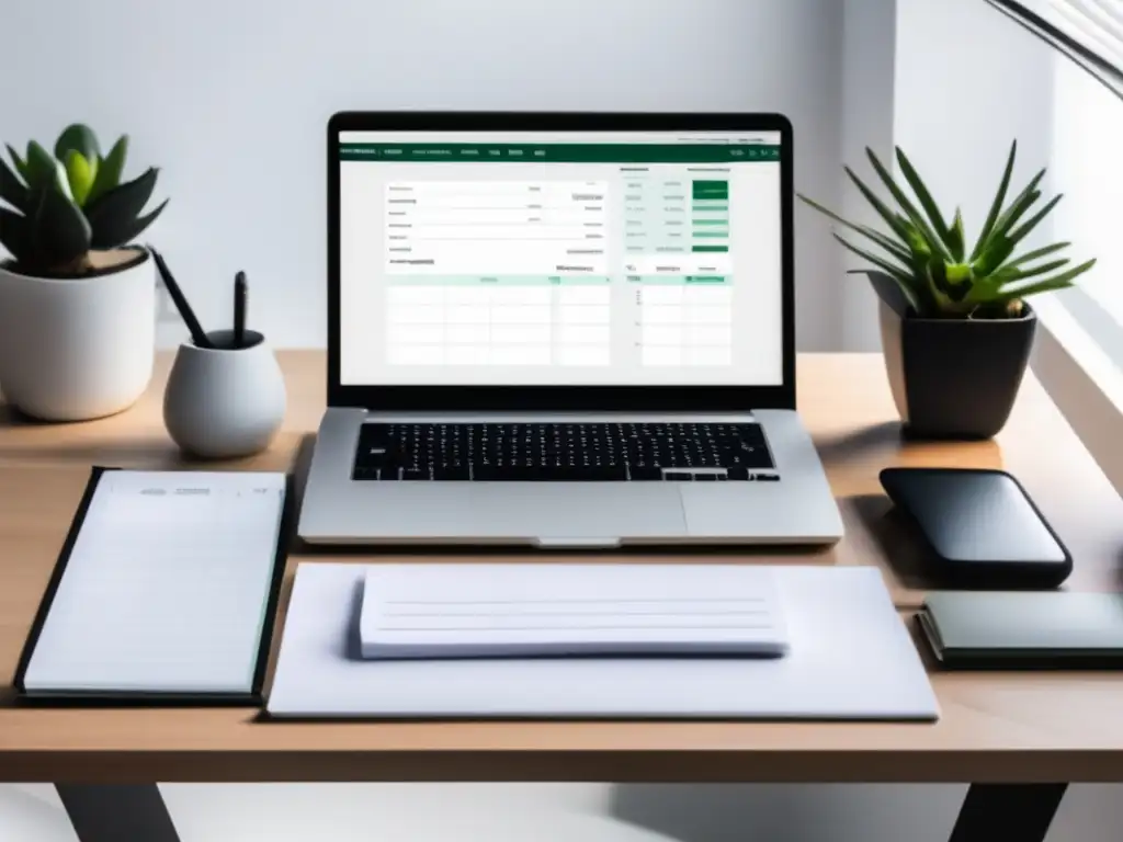 Espacio de trabajo ordenado y minimalista Espacio de trabajo minimalista para freelancer: declaración de impuestos y organización financiera