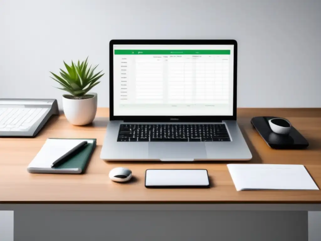 Escritorio minimalista para freelancer Escritorio organizado para freelancer con laptop, finanzas personales y profesionales