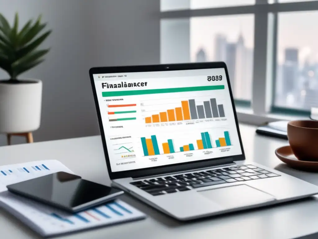 Espacio de trabajo minimalista Escritorio minimalista para freelancer con laptop, documentos financieros y elegante iluminación natural