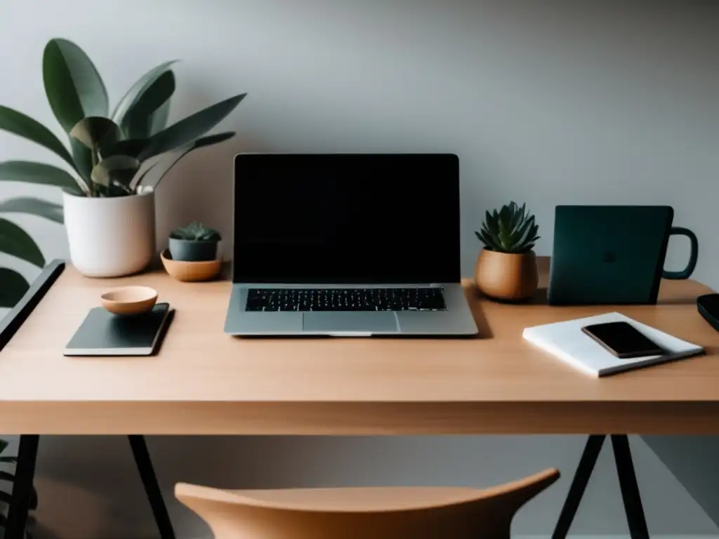 Escritorio minimalista para freelancer Escritorio ordenado para freelancer, con laptop minimalista y estrategias de planificación financiera