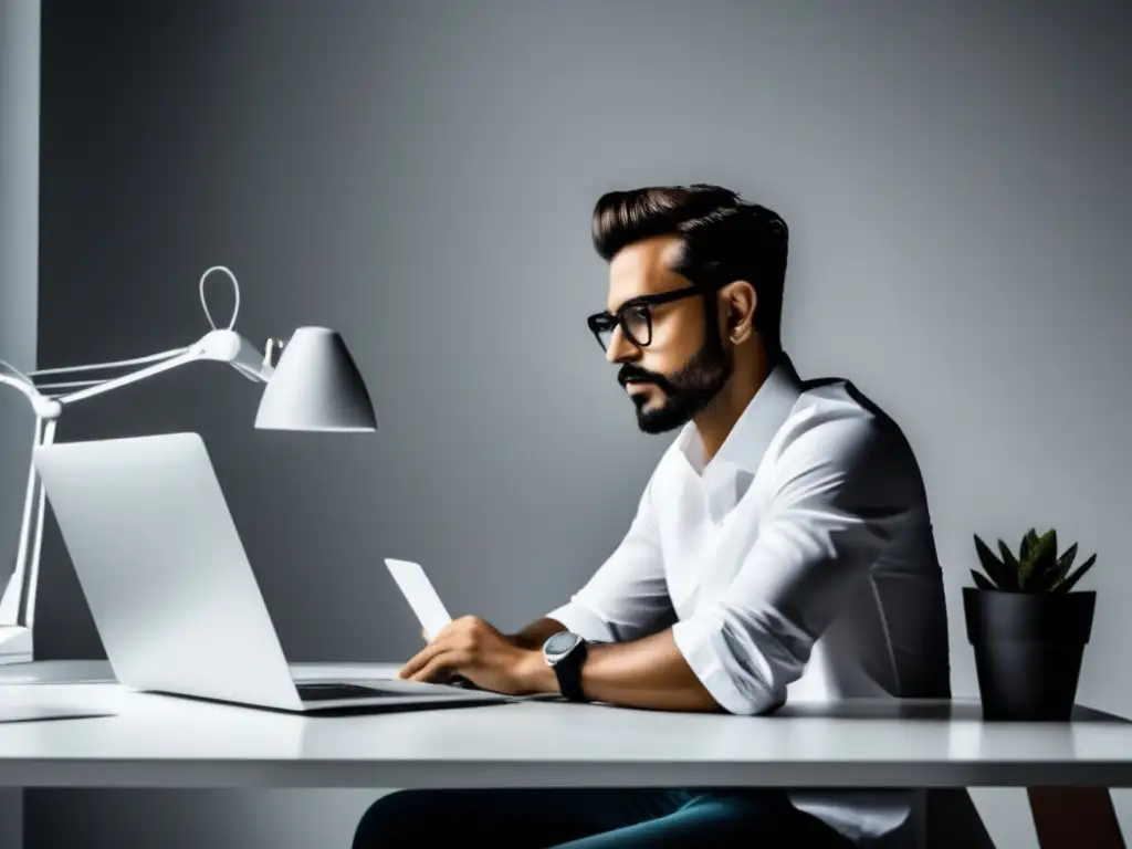 Espacio de trabajo minimalista del freelancer Freelancer en escritorio minimalista: Contratos financieros para freelancers