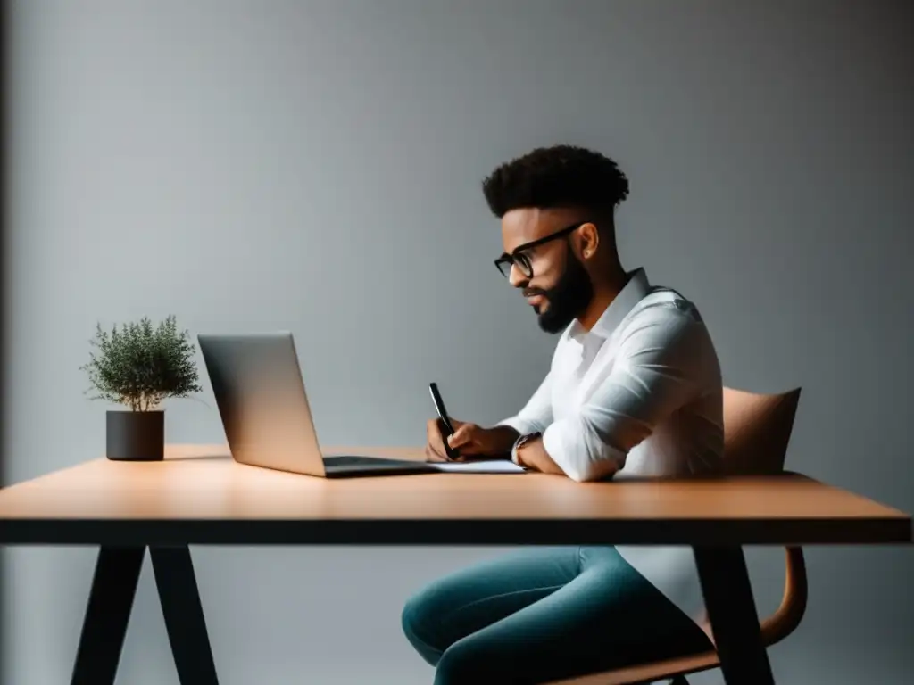 Escritorio minimalista para freelancers Imagen: Freelancer en escritorio moderno, con técnicas para duplicar ingresos