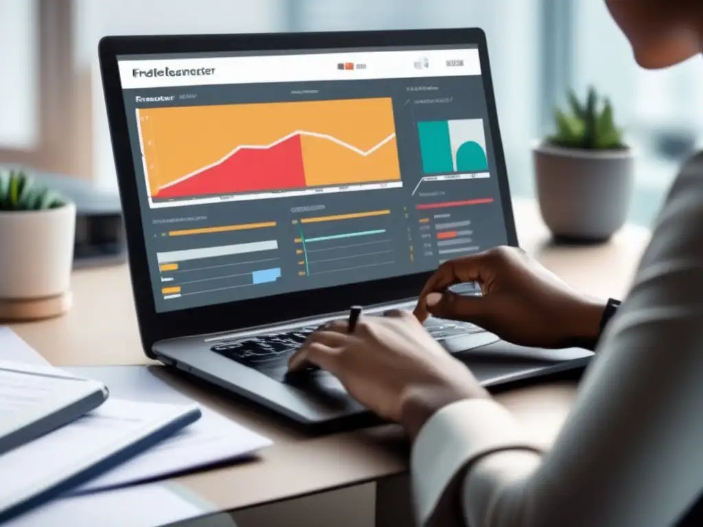 Freelancer analizando datos financieros en escritorio moderno Freelancer analizando estrategias financieras para freelancers en Europa